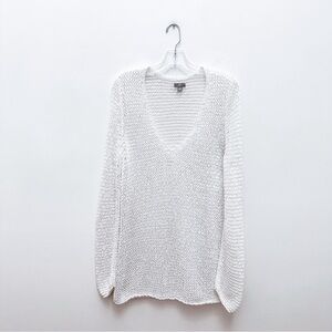 J.Jill Coastal Grandma Deep V-Neck White Open Weave Sweater